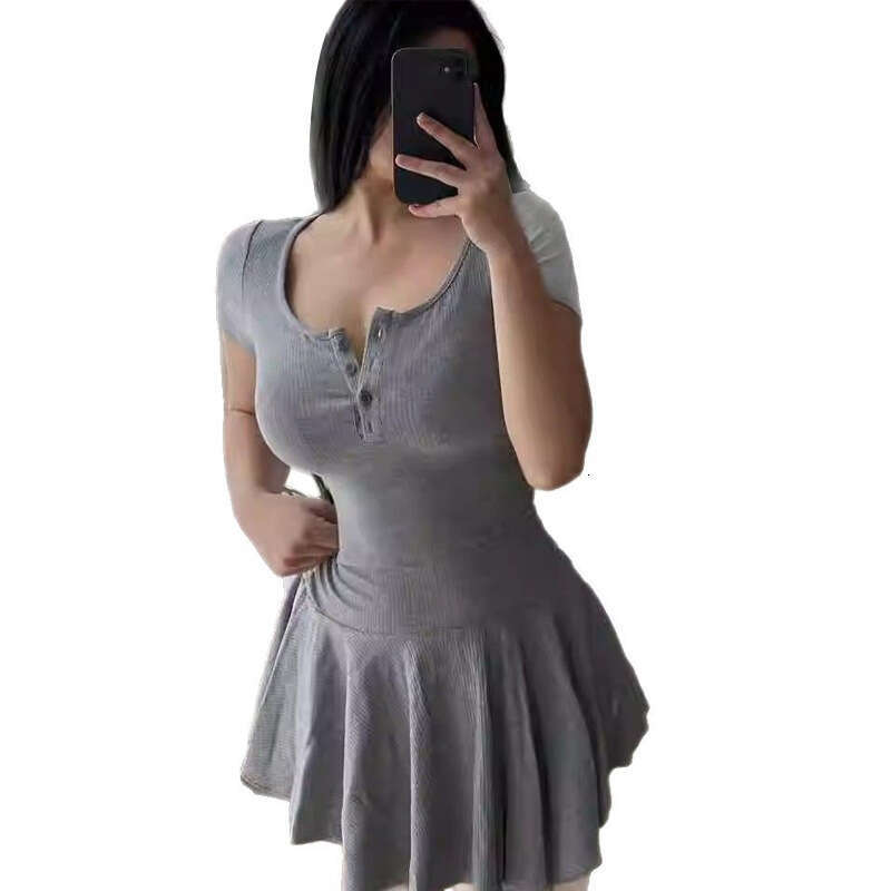 Women's Clothing Petite Gray U-Neck Sleeve Sexy Pure Desire Waist-Cinching Short College Style Fashionable Age-Reducing A-Line Skirt B5