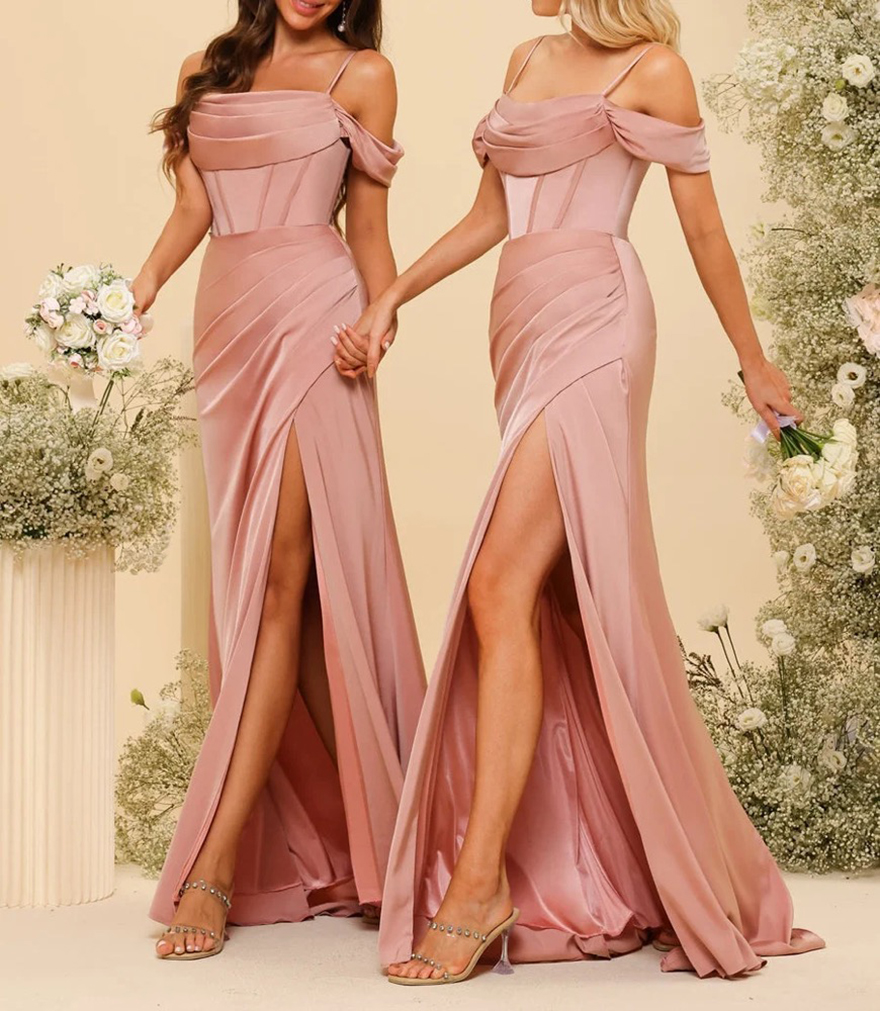 Satin Spaghetti Straps Mermaid Bridesmaid Dresses Off the Shoulder High Slit Evening Dress Backless Long Wedding Party Gowns Free shi