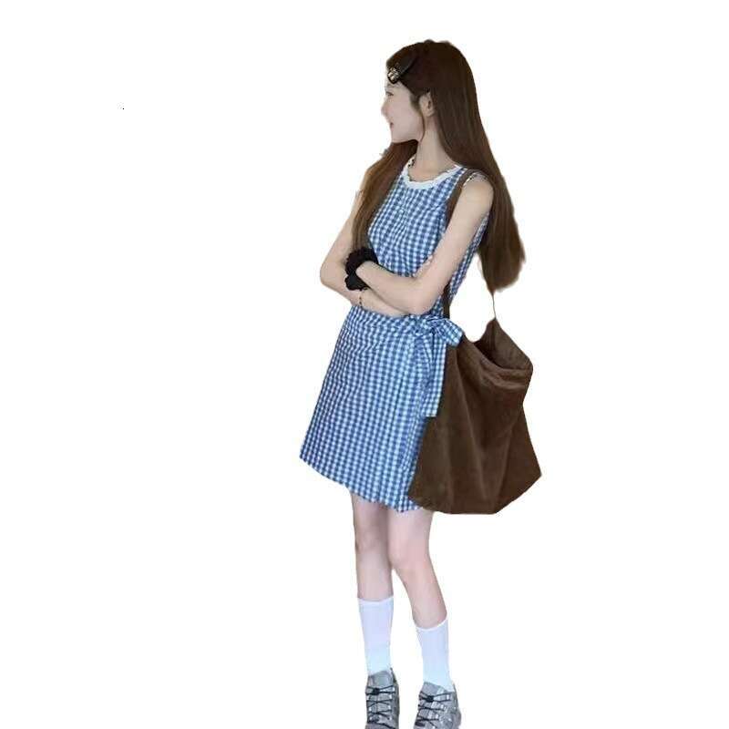 French Blue Plaid Vest For Women Summer New Small Petite Elegant Waist-Cinching A-Line Short Dress B5
