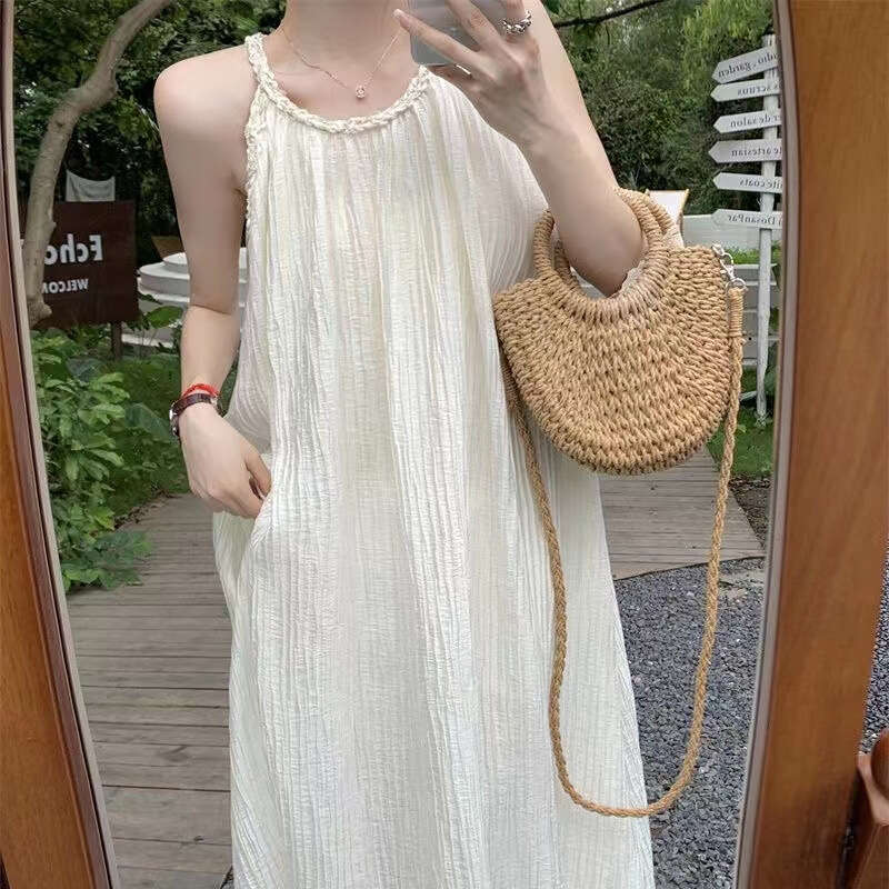 Gentle Style Halter Neck Strap For Women, Summer Petite Fairy Slimming Beautiful Beach Vacation Dress B5