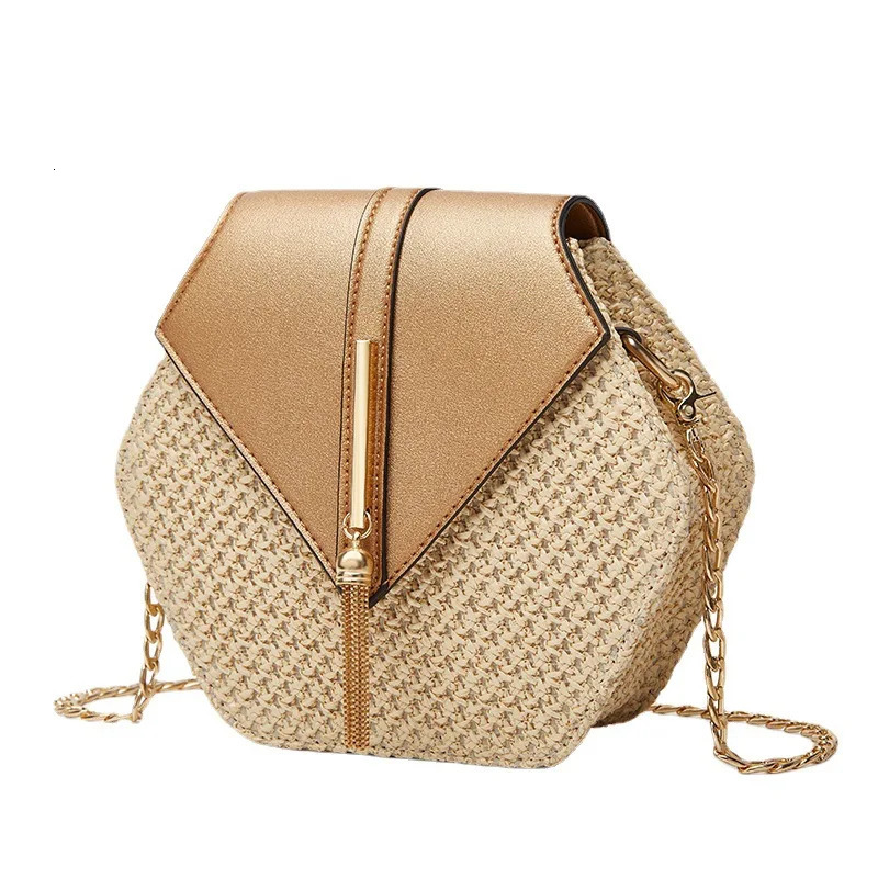 Hexagon Shape Straw PU Leather Handbag Women Summer Rattan Bag Handmade Woven Beach Bohemia Chain Strap Shoulder Crossbody Bags 250703