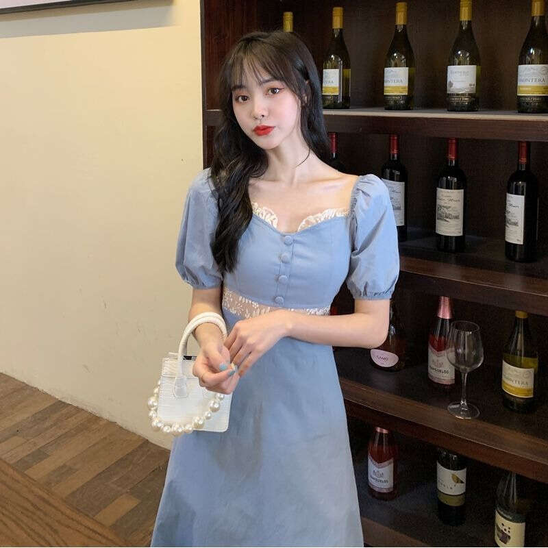 Tea Break French Square Neck For Women New Summer Wear Petite Elegant Waist-Cinching Slimming Long Dress B5