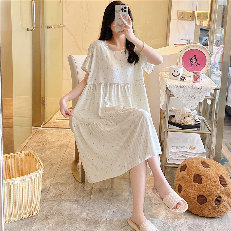 B967-Spring and autumn casual short-sleeved large-size printed pajamas summer thin high-end touching cotton home clothes