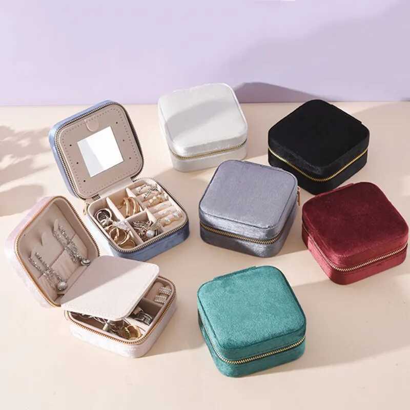 Plush Velvet Jewelry Box for Women Geometric Square Jewelry Storage Case Necklace Ring Earrings Travel Portable Zipper Boxes Z250712