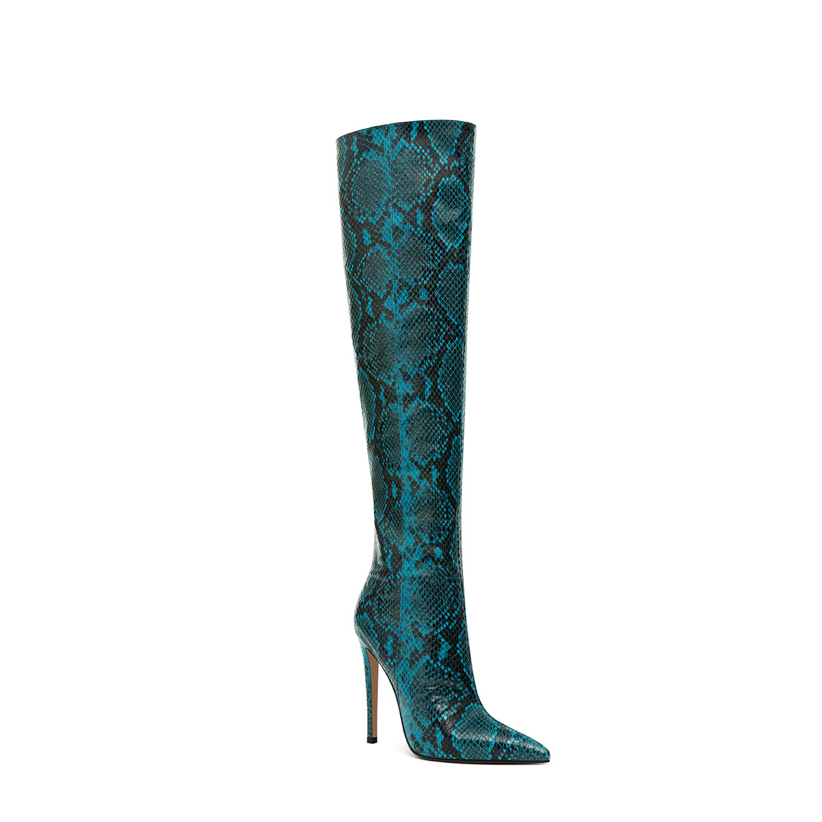 Women's Python Pattern Pointed Toe Knee High Boots - Stiletto Heel Slip-On Fashion Riding Boots