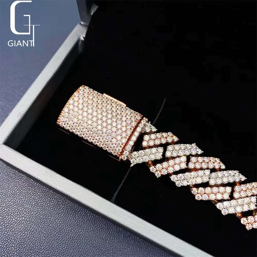 15mm Rose Gold + Silver Plated HIP HOP Jewelry 925 Sterling Silver VVS Moissanite Diamond Cuban Link Necklace Bracelet Unisex