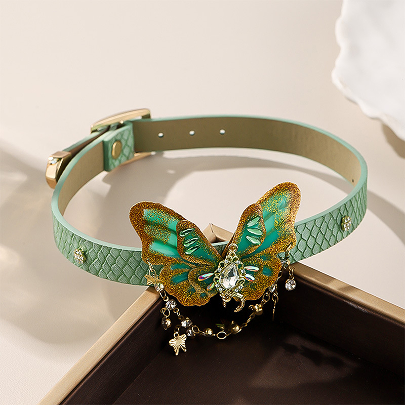 Vintage Bohemian Leather Choker Necklace with Green Charm and Tassel Detail - Retro Butterfly Jewelry for Women