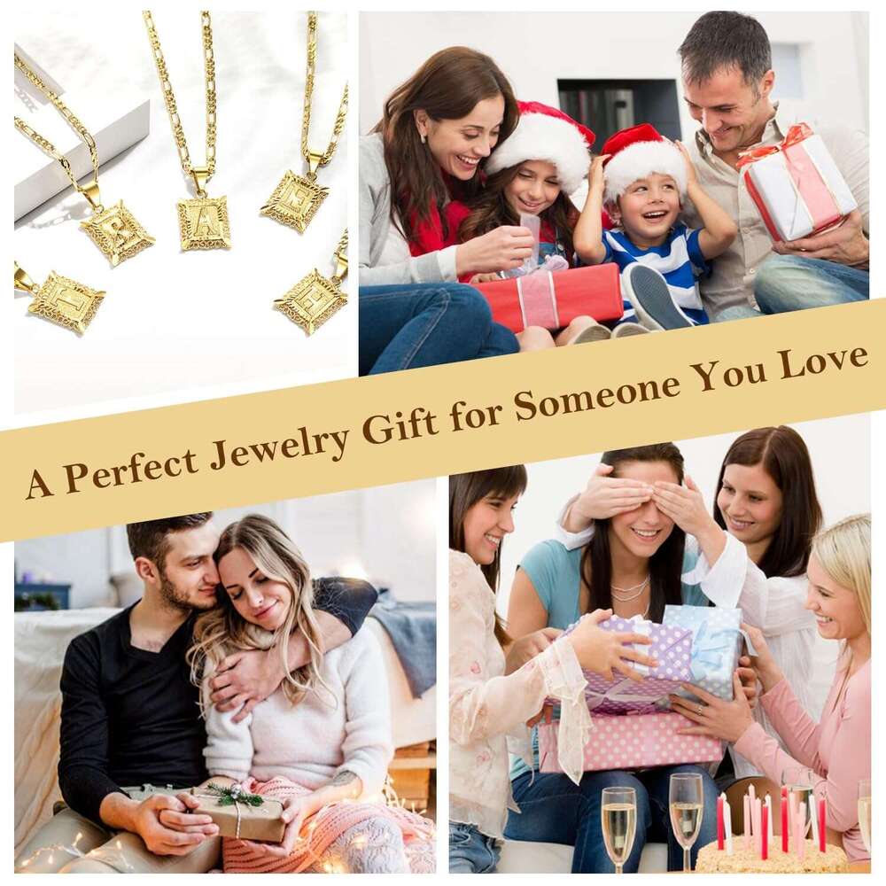 Initial Letter Pendant Necklace for Men Women 14K Gold Plated Square Capital Monogram Necklace Alphabets From A-Z Figaro Chain Punk Jewelry