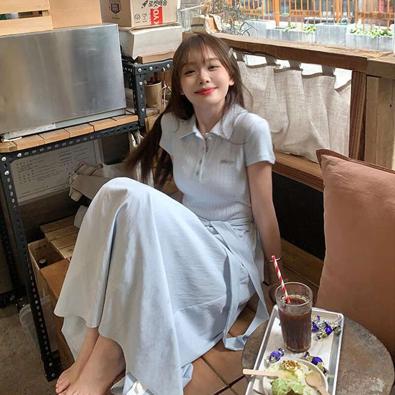 Sweet Youthful Polo Collar Waist-Cinching Beautiful Long French Gentle Blue Elegant Short Sleeve Dress Summer B5