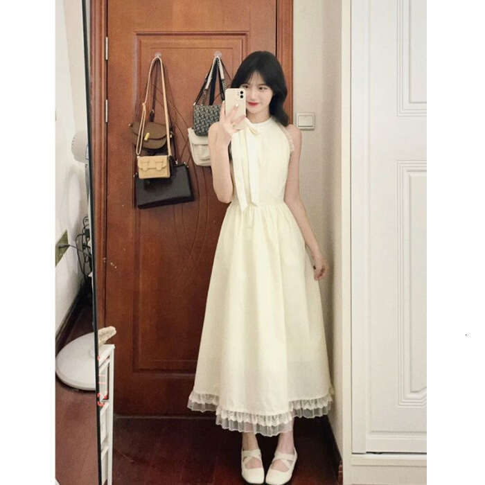 French Romantic Halter Summer First Love Sleeveless Beach A-Line Waist-Cinching Long Dress For Women B5