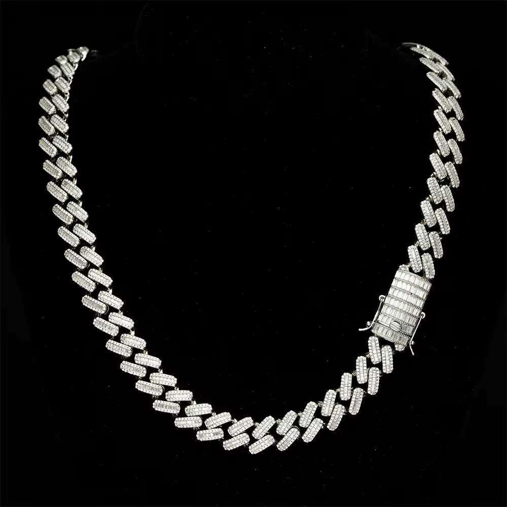 Hip Hop Iced Out 925 Sterling Silver Moissanite Cuban Chain baguette Cubic Zirconia 14k Gold Plated Cuban Link Chain for Men