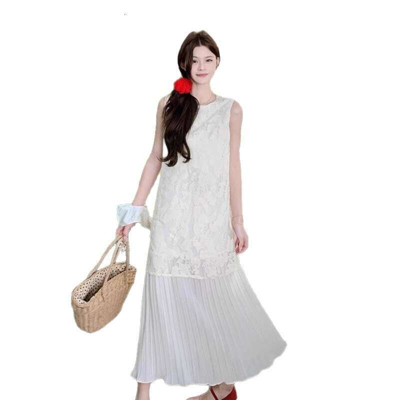 Summer New French Vacation Style Lace Embroidered Mid-Length Sleeveless Tank Dress Women's Chic B5