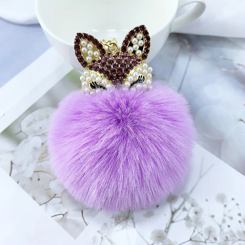 Cute Pompom Keychain Charm Rhinestone Mini Fox Fluffy Fur Pendant For Women Bag Car Keyring Phone Jewelry Accessories Kids Gift 250708