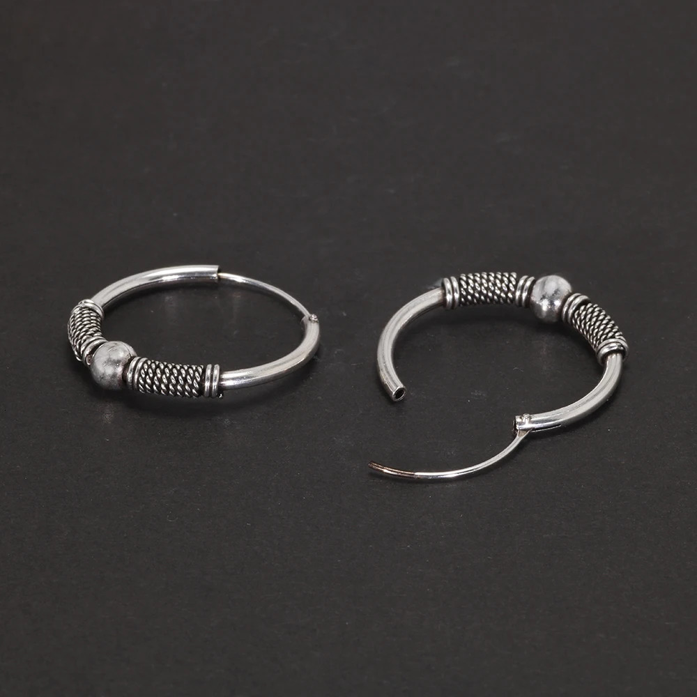 Real 925 Sterling Silver Hoop Earrings Antique Thai Silver Round Circle Hip Hop Punk Gothic Jewelry Party Gift 250708