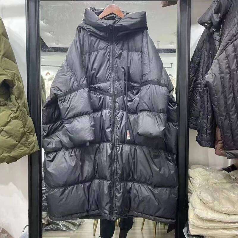 Janveny 2025 New Winter Hooded Drawstring Loose Puffer Jacket Women Solid Casual Silhouette Long 90% White Duck Down Warm Coat