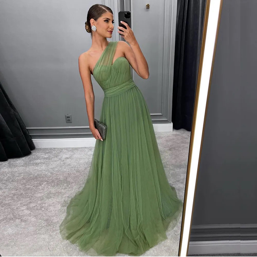 Modern One Shoulder Bridesmaid Dresses 2025 Ruched Tulle Banquet Gown Sage Green Boho Womens Maxi Dress