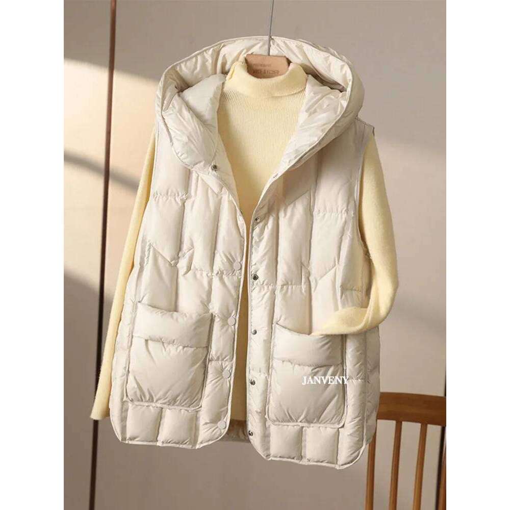 Janveny 2025 New Fashion Hooded Down Sleeveless Vest Women Lightweight Seamless White Duck Feather Puffer Short Waistcoat
