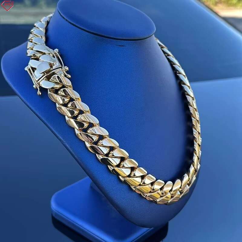 18K Gold Plated Cuban Link Chain Plain Necklace 20MM Custom Rapper Men Hip Hop Plain Gold Moissanite Chain