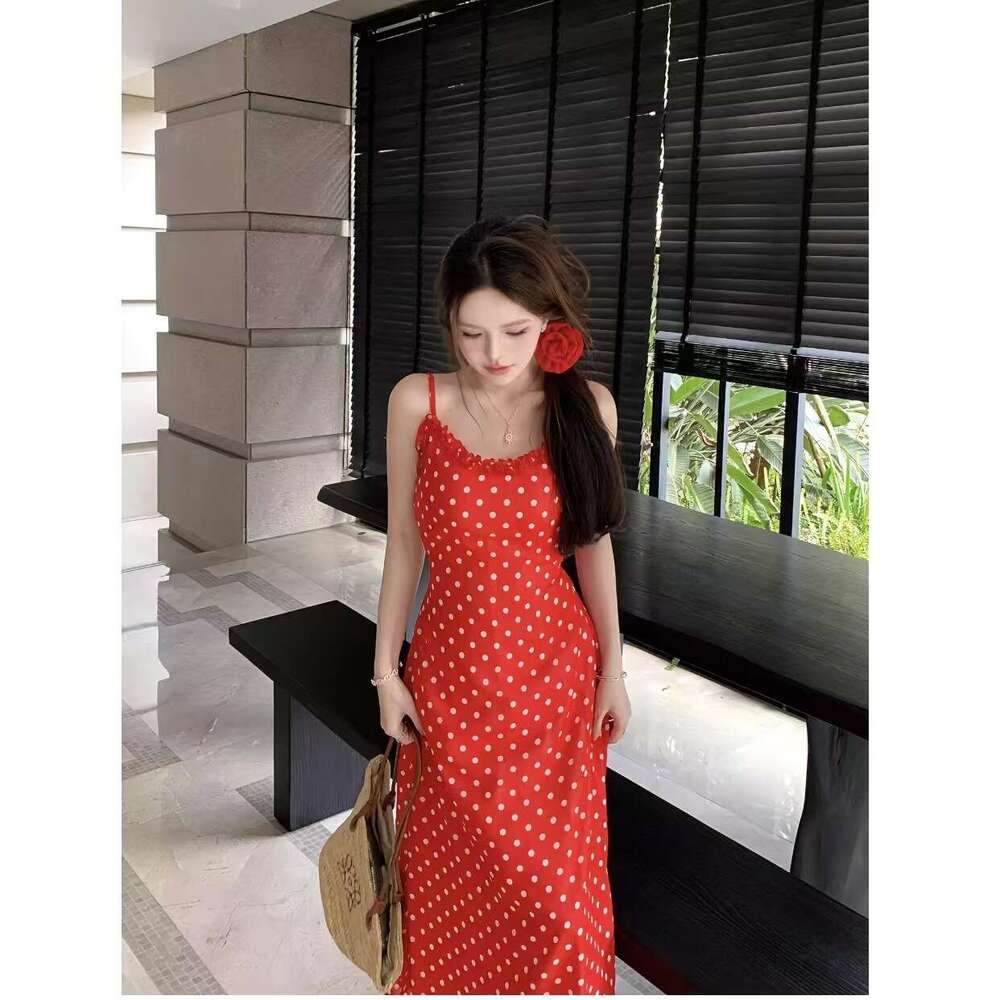 Summer Trend Slim Fit Strap Design Waist Slimming Vacation Long Dress Women's Fashion B5