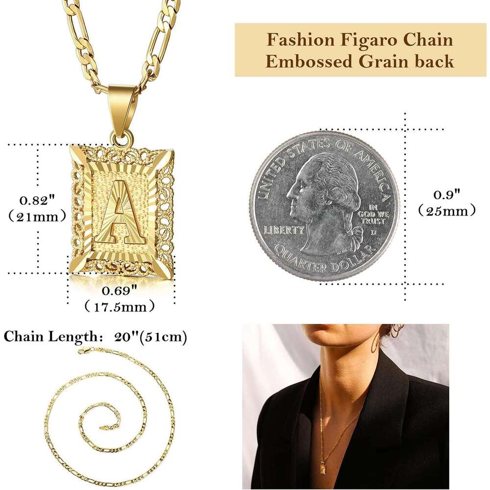 Initial Letter Pendant Necklace for Men Women 14K Gold Plated Square Capital Monogram Necklace Alphabets From A-Z Figaro Chain Punk Jewelry