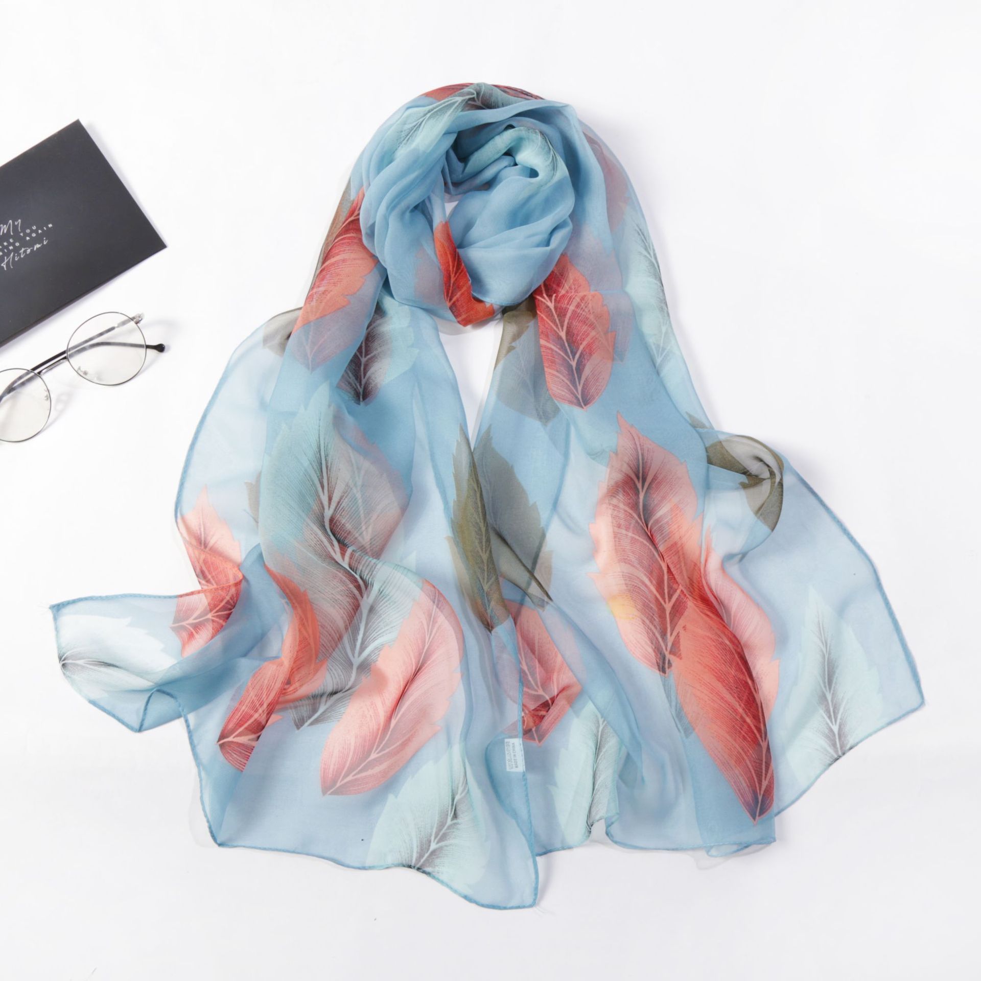 K1328 Korean silk scarf wholesale women's colorful leaves thin long style chiffon decoration silky and elegant black dance shawl