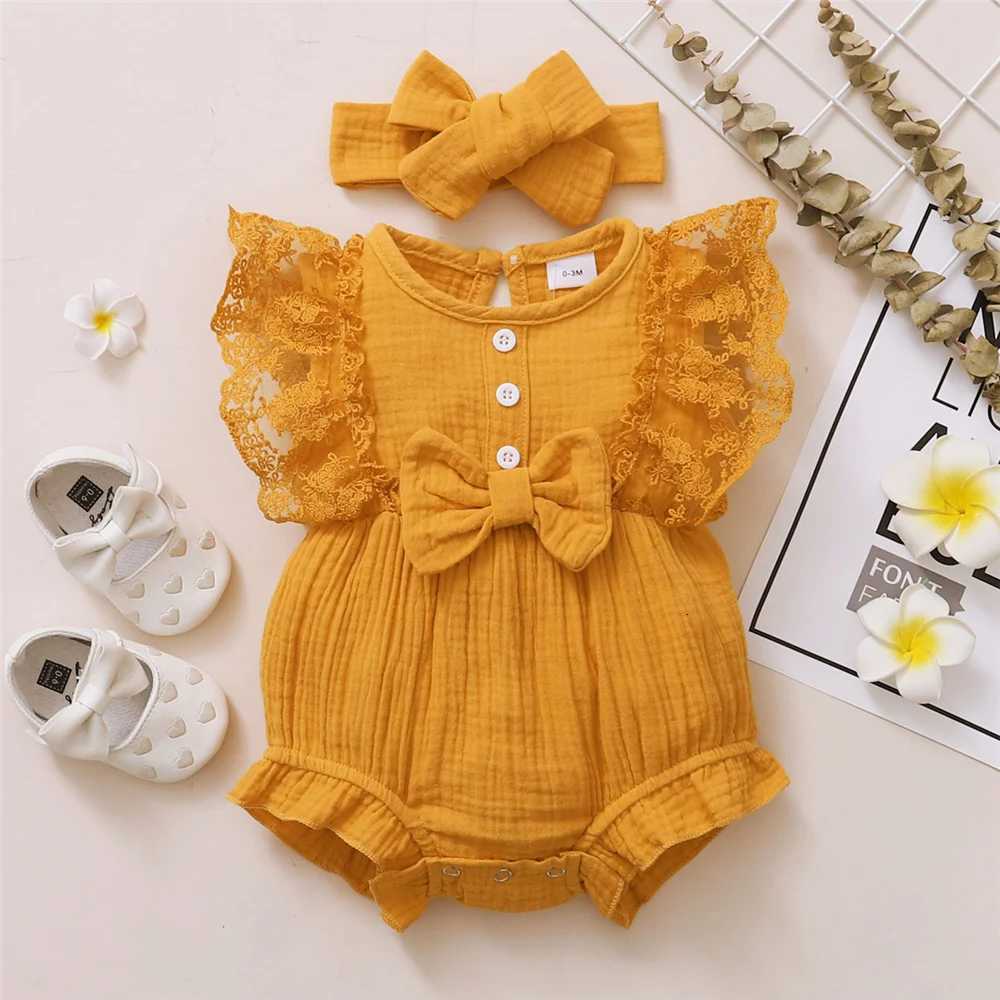 0-18 Months Old Newborn Solid Color Sleeveless Round Neck Lace Edge Bow Romper + Headband Baby Girl Summer New Casual Jumpsuit XJ250712