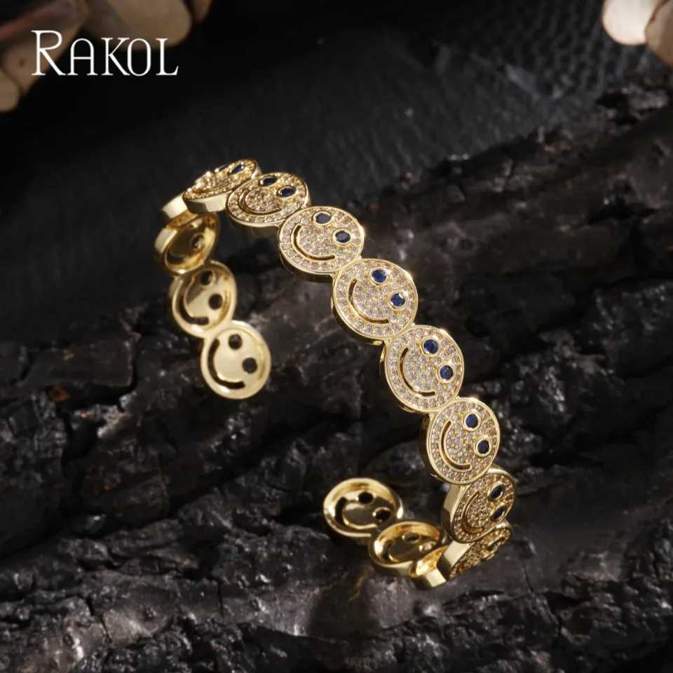 RAKOL Stylish Round Smile Cuff Bangle Copper Gold Plated Cubic Zirconia Charm Party Jewelry For Women Men Gifts Z250711
