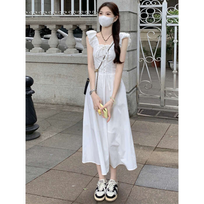 Tea Break French Style Square Neck Tie Small Flutter Sleeve White For Women Summer Design Sense Waist Slimming Sleeveless Long Dress B5