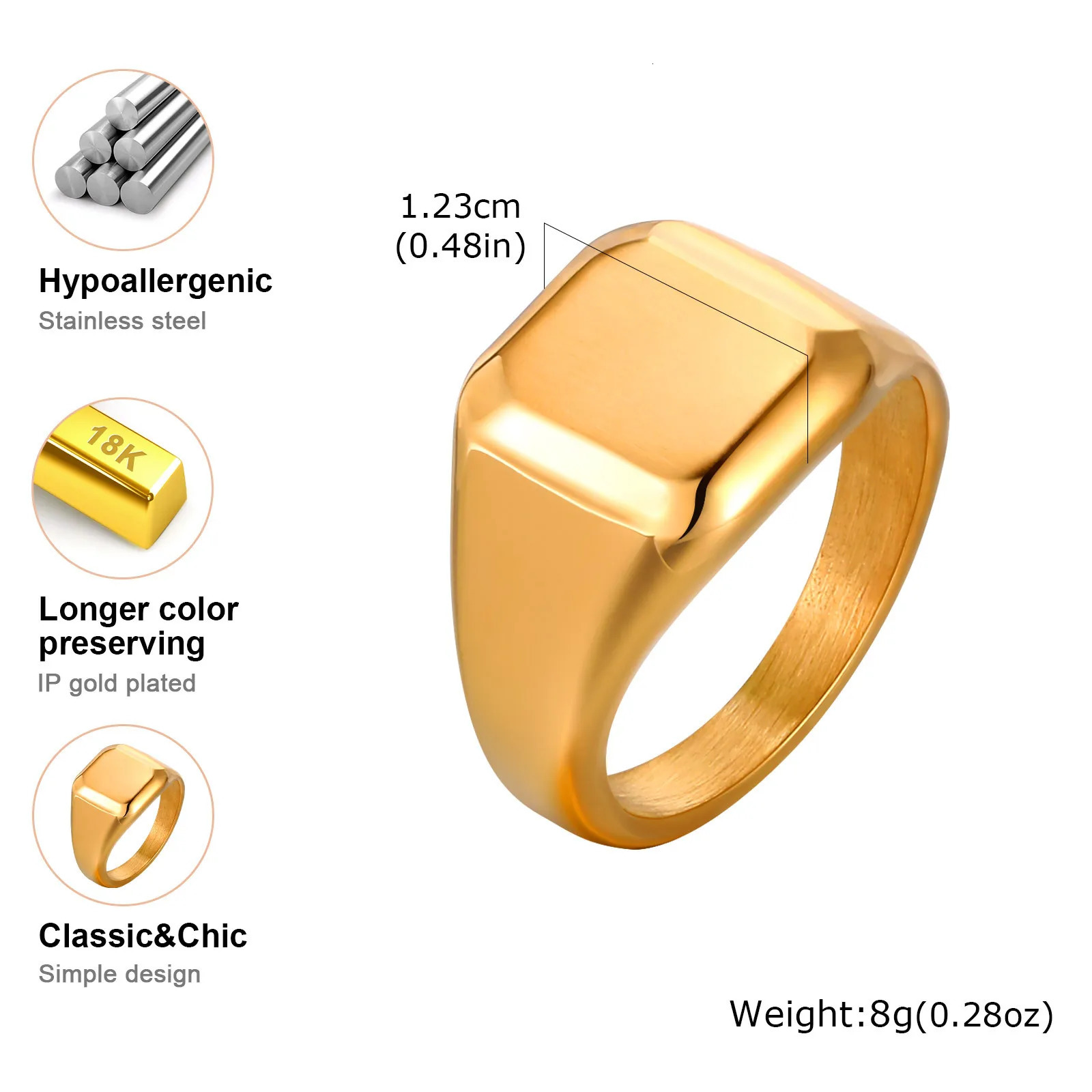 Square Signet Ring for Men WomenGold Color Stainless Steel Ring Plain Band RingStatement Chunky Ring Band Thumb Ring 250708