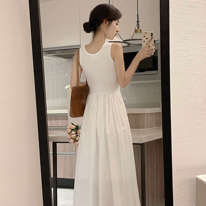 French Style White Sleeveless Summer Design Waist Slimming Elegant Tank Top Long Dress B5