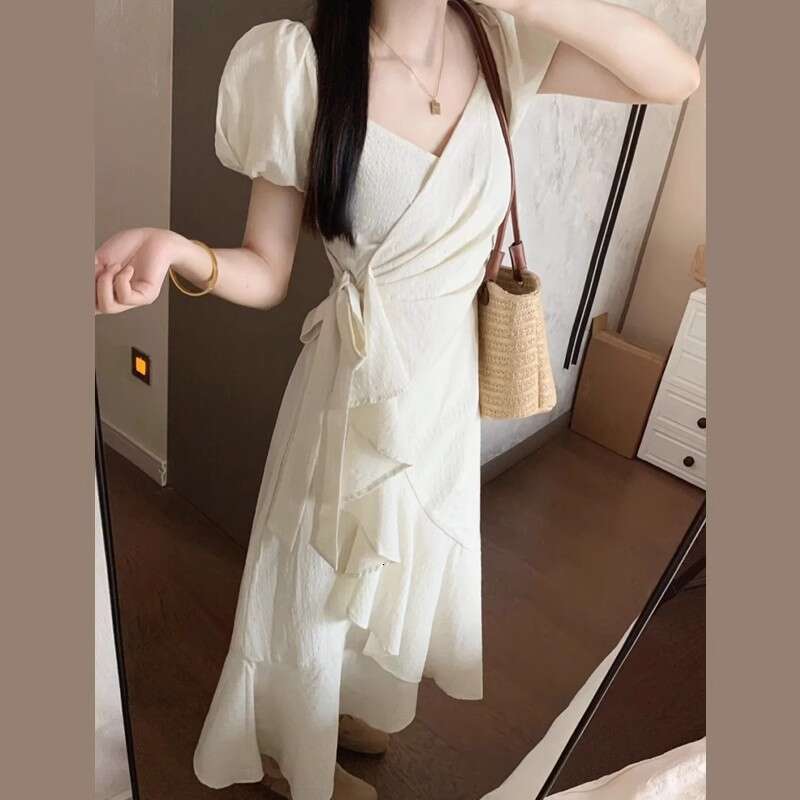 French Style White High-End Elegant For Women Summer New Small Irregular Design Long Dress B5