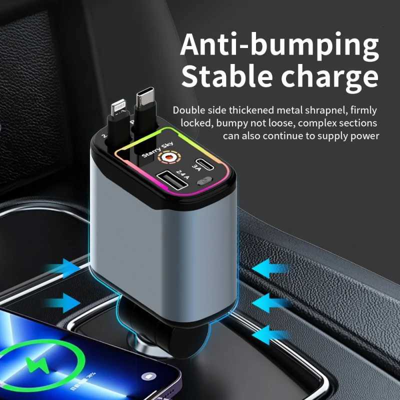 120W Retractable Car Charger With USB Type C Cable 4 in 1 Fast Charging Car Phone Charger With RGB Ambient Light Starry Sky Lamp G250711