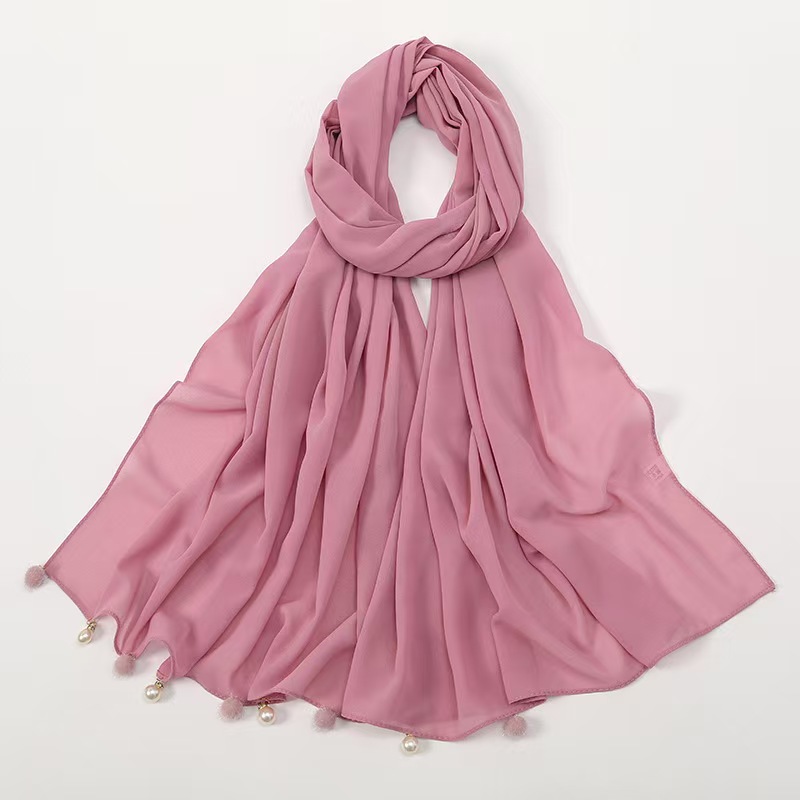T1195 New Pearl Chiffon Malaysia Headscarf Scarf Hair Ball Pearl Accessories Scarf Gauze Scarf