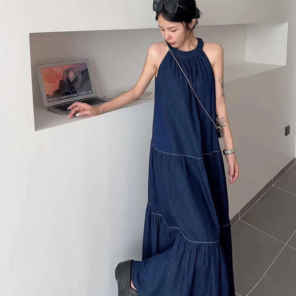 French Style Blue Halter Summer Plus Size Loose Fit For Chubby Women, Travel Beach Vacation Elegant Long Dress B5