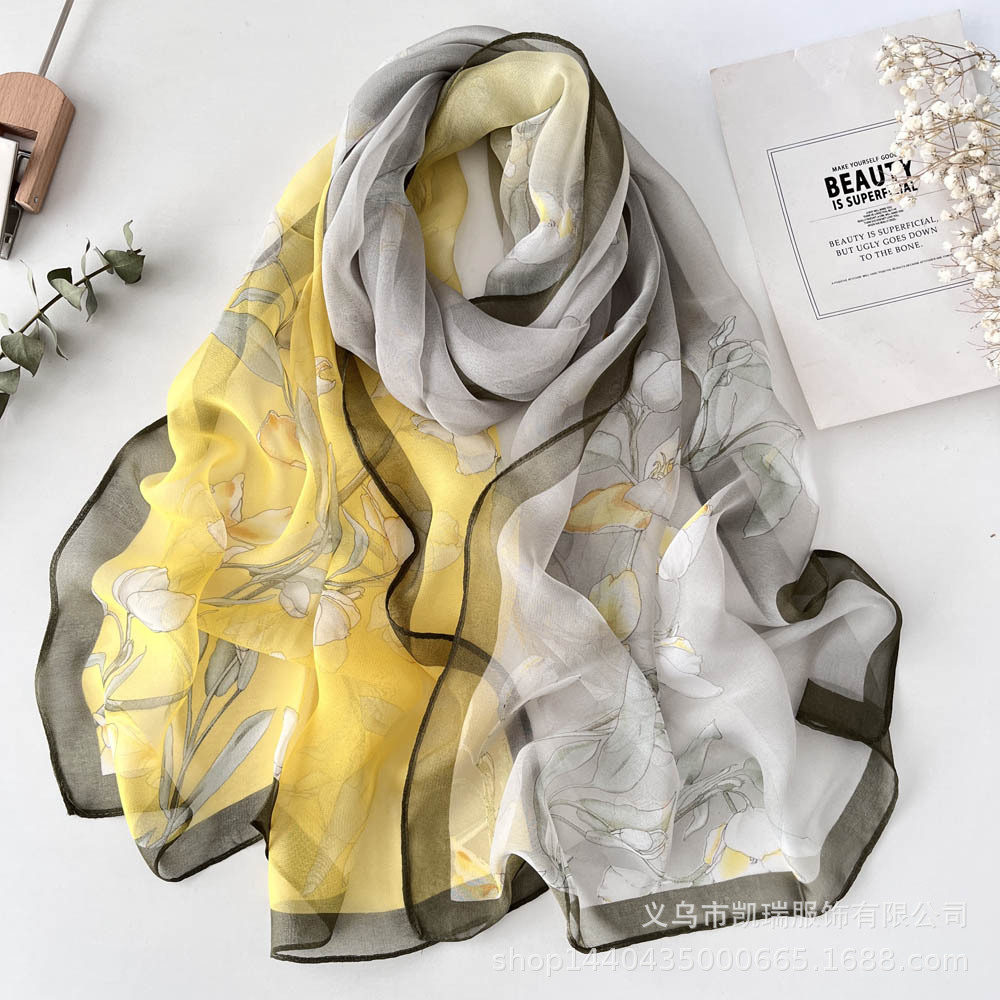 K1325 Summer printed silk scarf all-match transparent perfume orchid chiffon georgette light spring and summer sunscreen scarf for women