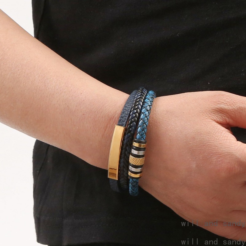 Stainless Steel Magnetic Buckle Bracelet Designer Jewelry 18k Gold Multilayer Braided Leather Stack Bracelets Bangle Cuff Wristband for Man Gift Fashi