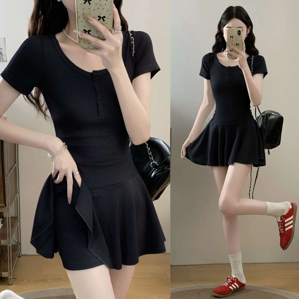New Gray Slim Fit Sleeve For Women, Summer Waist-Cinching A-Line Dress, Petite Slimming Short Dress B5