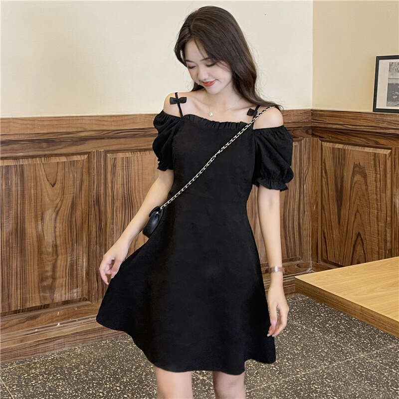 Plus Size Puff Sleeve Women's Fashion Summer New French Style Little Black Petite Short Dress B5