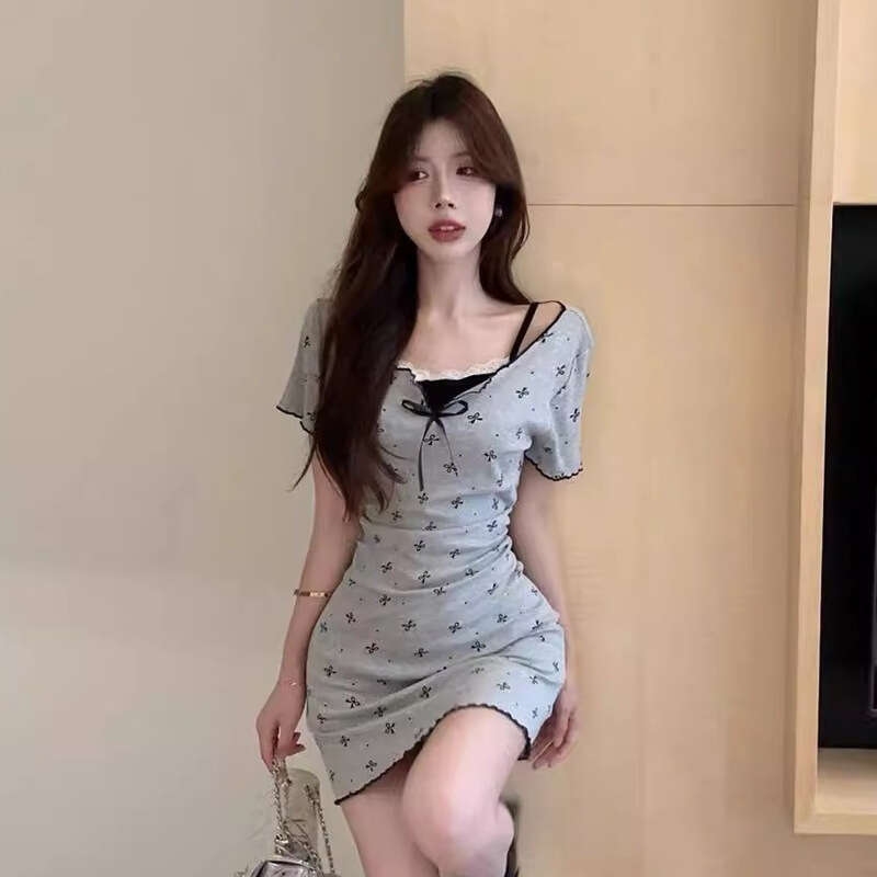 French Style Gray Printed Short Sleeve For Women Summer Petite Waist Slimming Fake Two-Piece Dress B5