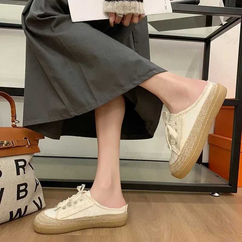 2024 Autumn New Designer Lace Up Canvas Shoes for Women Fi Casual Half Slipper Shoes Female Flat Casual Sneakers Ladies XJ250712