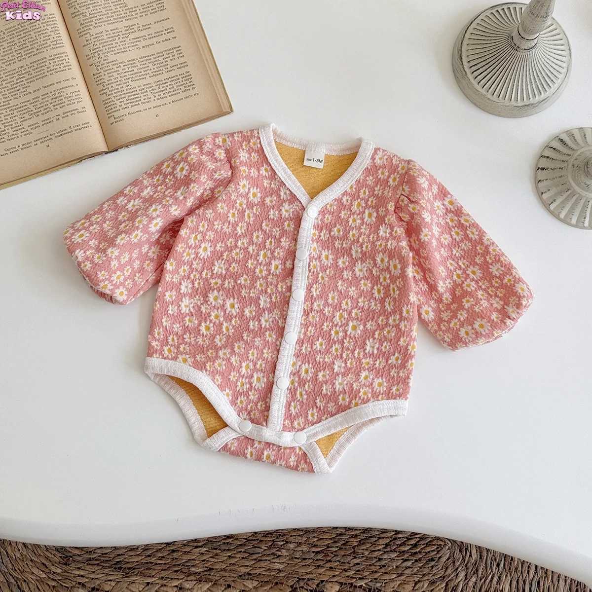 Baby Girl Clothing Floral Print Romper V Neck Contrast Trim Cotton Onesie Bodysuit 0-2Y Newborn Infant Baby Girls Clothes Outfit XJ250712