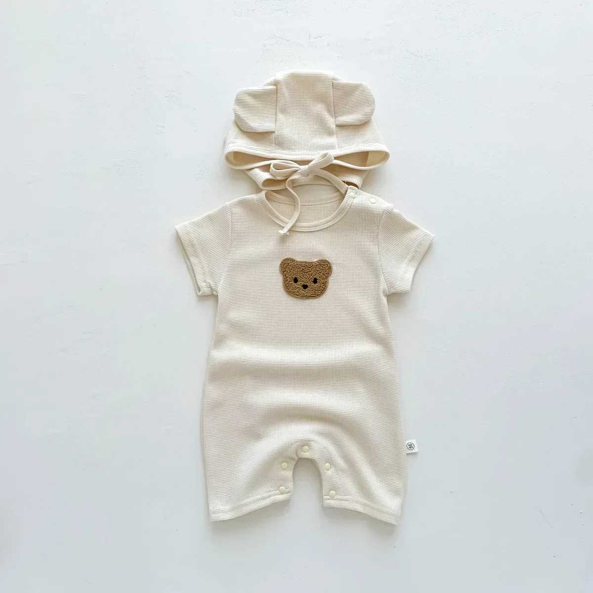 Cotton Romper Gift Hat with Ears New In Summer Kids Baby Girls Boys Short Sleeve Waffle Patch Bear Infant Newborn Jumpsuits XJ250712