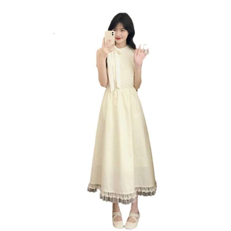 French Romantic Halter Summer First Love Sleeveless Beach A-Line Waist-Cinching Long Dress For Women B5