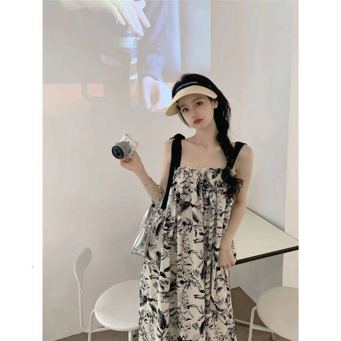 Beach Vacation Floral Strap Long Small Size Summer Korean Style Casual Loose Slimming Tube Dress B5