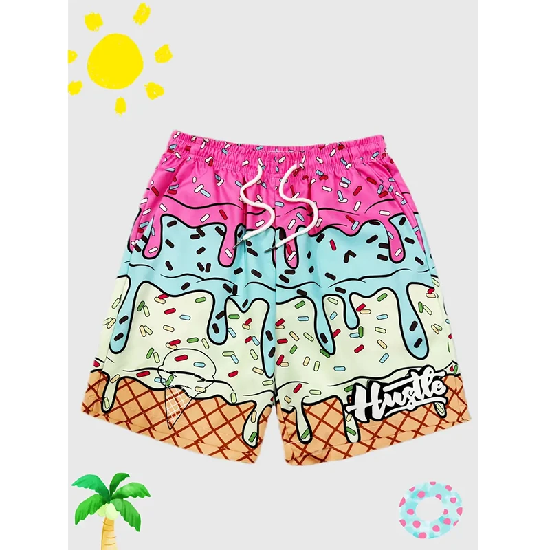 Hot-selling Fashionable and Trendy Ice Cream Graphic Beach Shorts for Men, Cool Summer 3D Printed Swimming Trunks, Loose Street Z260314