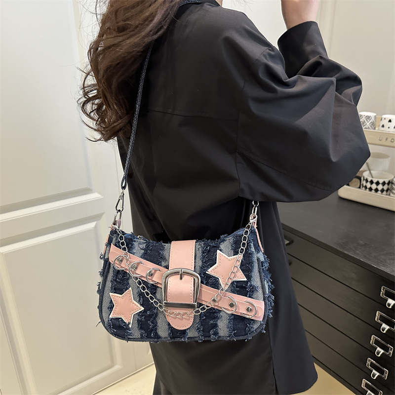 Fashion Cool Girls Denim Shoulder Crossbody Bags Vintage Chain Women's Underarm Bag Y2k Star Portable Female Hobos Handbags
