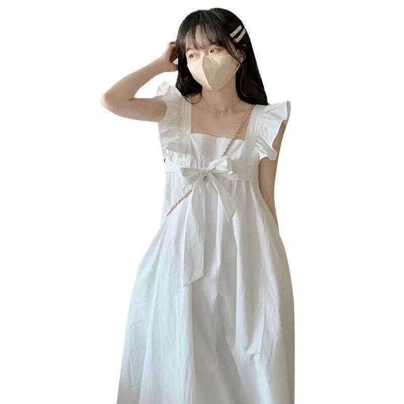 Gentle Style Lace-Up Bowknot For Women Summer Sweet Small Flutter Sleeves Elegant Waist-Cinching Slimming A-Line Long Dress B5