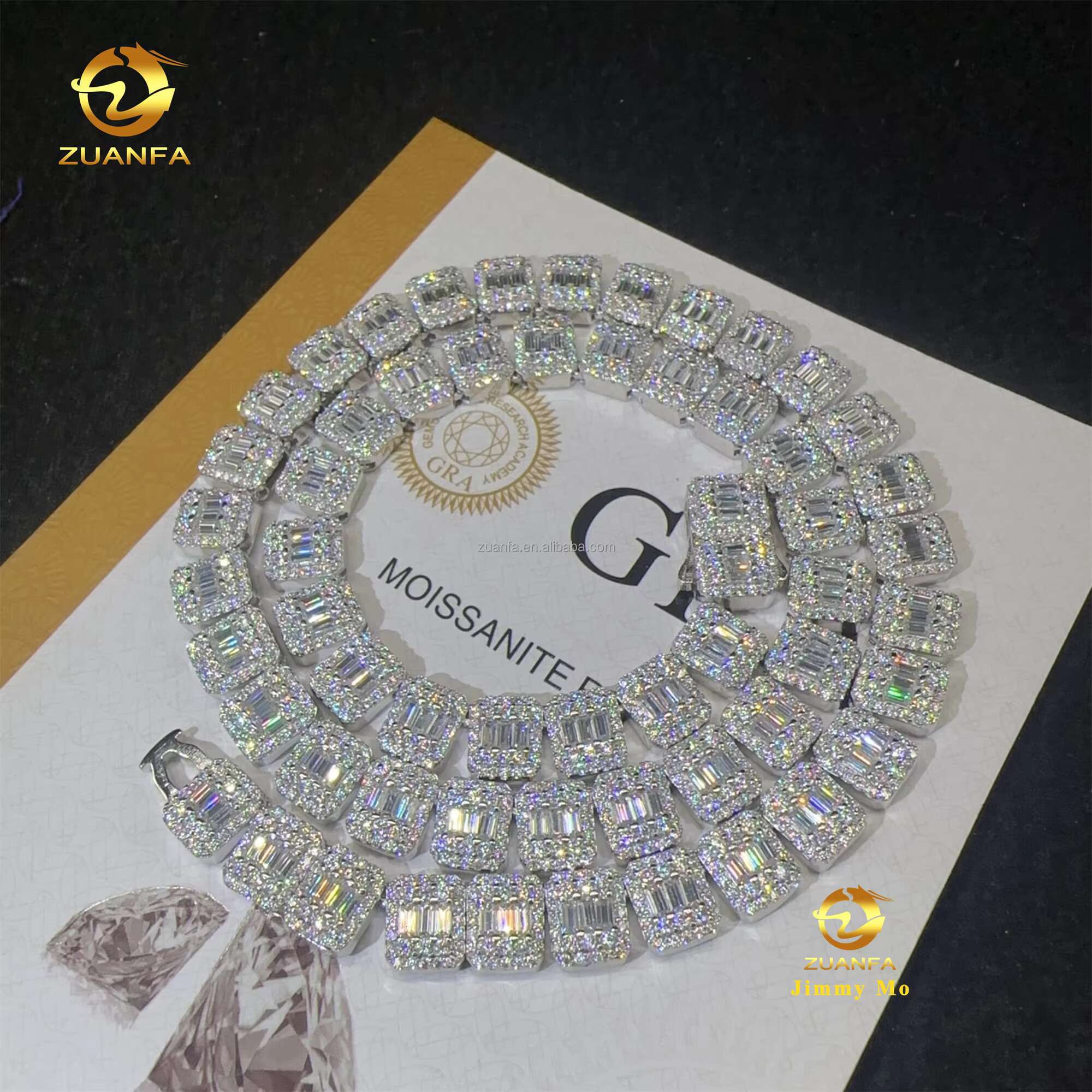 Personalized Hip Hop Style Jewelry Iced Out 925 Solid Silver Rhodium Plated Baguette Moissanite Cluster Tennis Chain Men