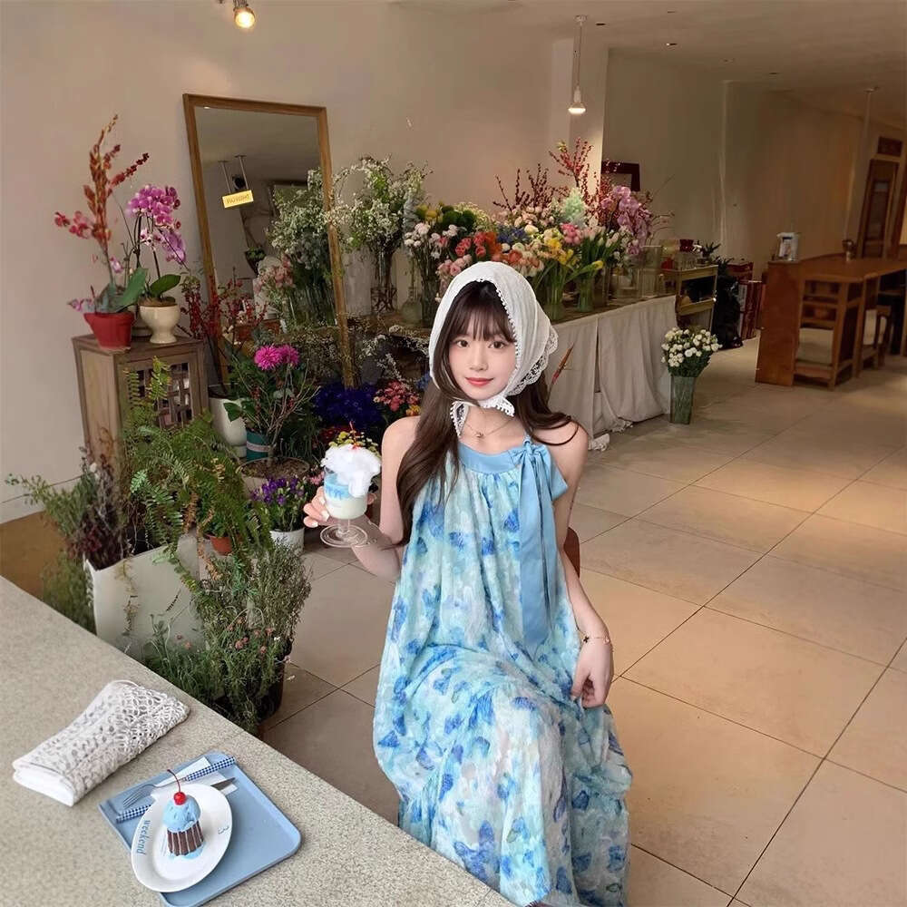 Sleeveless Blue Butterfly Beach Seaside Vacation Style Petite Mid-Length Thin Strap Floral Dress For Women B5