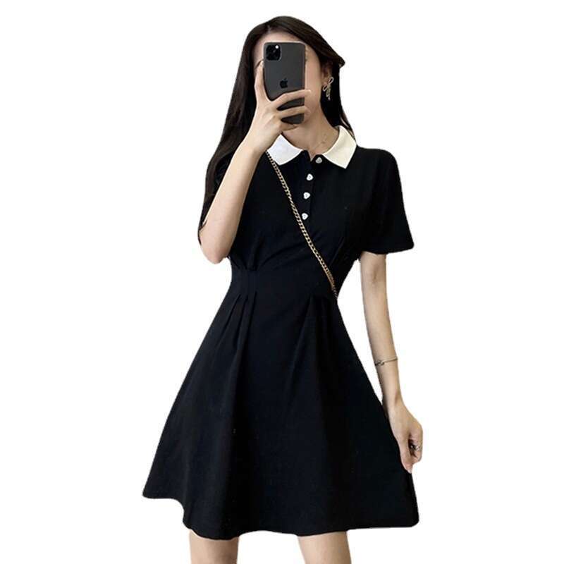 New Women's Summer French Preppy Style Little With Unique Design Black Polo Dress B5